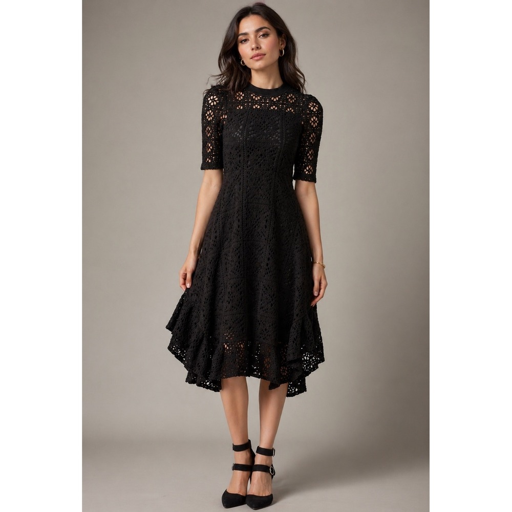 See by Chloe Black Crochet Ruffle Midi Dress Western Fairy Whimsygoth Women's S